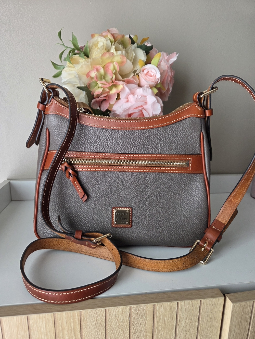 Dooney & Bourke Pebble Grain Presley Crossbody Bag -  Greey with Brown Trim